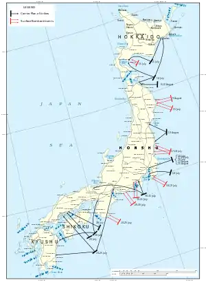 Color map of the Japanese home islands marked with the locations of the Allied fleet when it made the attacks described in the article