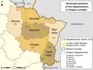 French map with shading showing départements before 1870 with black lines after 1871.