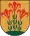A coat of arms depicting three flowers that have red petals, green stalks, and green leaves all sprouting from green earth