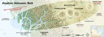 Map showing the location of an east-west trending zone of related volcanoes extending from the British Columbia Coast to the interior.