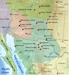A map of the American Southwest and the northwest of Mexico showing modern political boundaries. Overlaid over them are four colored and labeled territories: "Anasazi", "Hohokam", "Petaya", and "Mogollón". Anasazi land is colored green.
