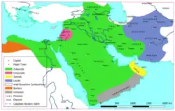 Maximum extent of the caliphate (in green) in c. 684 during the Second Fitna