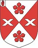 Coat of arms of the Agnew baronets (1895) with the badge of a Baronet of the United Kingdom (Red Hand of Ulster) in canton