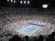 Photograph of Arthur Ashe tennis stadium, where the 2020 US Open finals took place.