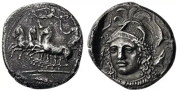 Athena portrait by Eukleidas on a tetradrachm from Syracuse, Sicily c. 400 BC