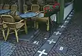 Border between the Netherlands and Belgium next to a street café in Baarle Nassau and Baarle Hertog. Some European borders originate from former land ownership boundaries.