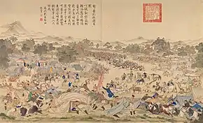 Artists' depiction of a chaotic battle scene, from a distance