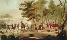 Painting of a battle scene. Prominent are a white man shooting from a horse and a Native American being shot.