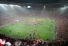 Hundreds of Benfica supporters invade the Estádio da Luz pitch to celebrate the league title in 2005.