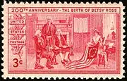 3¢ stamp issued in 1952 to commemorate Betsy Ross' 200th birthday.