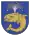 A coat of arms depicting a sea creature with sharp teeth, one protruding bottom tooth, and a blowhole spewing water