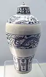 Dragon on blue and white vase from the Yuan dynasty (1271-1368), Jingdezhen, unearthed in Jiangxi Province.