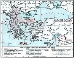 Map of the Balkans and Anatolia. The western Balkans are almost entirely dominated by Serbia, and the eastern are divided between Bulgaria and Byzantium. Anatolia is controlled by the Turks, with the Ottoman emirate in the northwest, opposite Byzantium, highlighted. Small Christian exclaves in Anatolia are Trebizond in the northeast and Armenia in the southeast. In the Aegean, most islands belong to Latin states, especially Venice.