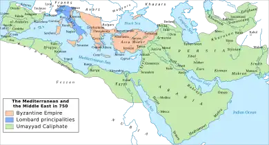 A map of the Middle East and Mediterranean Basin showing the empires and states around 740