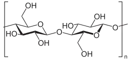 Cellulose, a linear polymer of D-glucose units (two are shown) linked by β(1→4)-glycosidic bonds