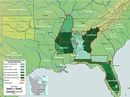 Map of the southern United States showing in dark green areas ceded by Indians.Clark & Guice 1996, pp. 233–243; Mahon 1962, pp. 350–354.
