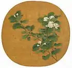 A square painting of a branch with a cluster of white flowers at the end. The branch is superimposed over a red square with rounded edges.