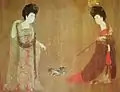 A painting of Tang dynasty women playing with a dog, by artist Zhou Fang, 8th century.
