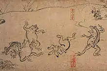 Four frogs and a rabbit in human form frolicking.
