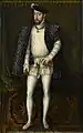 Henry II, here standing on an oriental carpet, continued the policy of Franco-Ottoman alliance of his father Francis I. Painting by François Clouet.