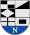 A coat of arms depicting a white "N" on a blue background at the bottom and a series of black and white shapes at the top