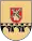 A coat of arms depicting a yellow windmill on a red crest hovering over a black bridge all on a yellow background