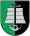 A coat of arms depicting a grey boat hovering over two partitions of grey water that are themselves hovering over a grey horn all on a green-and-black background