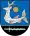 A coat of arms depicting a grey animal with the body of a fish and the head of a deer on a blue background at the top and a sword on the bottom