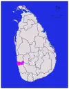 Area map of Colombo District, roughly rectangular in shape and extending inwards from the west south west coast in the Western Province of Sri Lanka