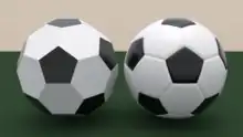 On the left is shape consisting of perfectly flat pentagons and hexagons. The hexagons are coloured white; the pentagons black. On the right is a football; it is of the same basic design, but the pentagons and hexagons are curved to form a smoother sphere.