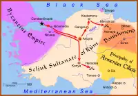 A map of western Anatolia, showing the routes taken by Christian armies during the crusade of 1101