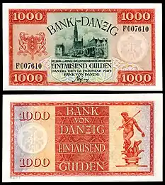 1,000 Danzig gulden (1924) depicting City Hall