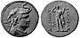 Silver coin depicting Demetrius I of Bactria (200-180 BC) wearing an elephant scalp, symbol of his conquest of India, and reverse Herakles, holding a lion skin and a club