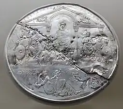 Late Roman-early Byzantine pediment on the Missorium of Theodosius I, 388, silver, Real Academia de la Historia, Madrid, Spain