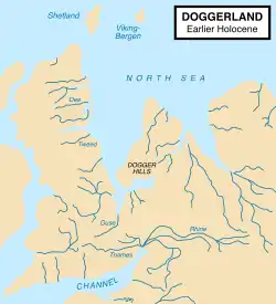 Paleogeographic reconstruction of the North Sea approximately 9,000 years ago during the early Holocene and after the end of the Last Glacial Period