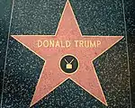 A red star with a bronze outline and "Donald Trump" and a TV icon written on it in bronze, embedded in a black terrazzo sidewalk