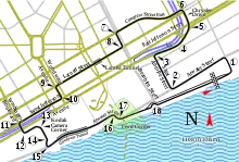 Map view of downtown Detroit with the race course lined out in black.