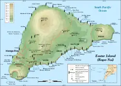 Easter Island map showing Terevaka, Poike, Rano Kau, Motu Nui, Orongo, and Mataveri; major ahus are marked with moai