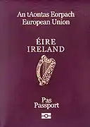 A passport, displaying the name of the member state, the national arms and the words "European Union" given in their official language(s) (Irish version pictured)