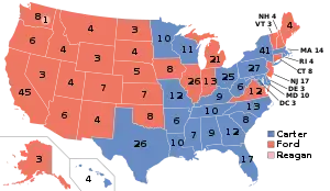 Map of the 1976 presidential election. Most western states are red whilst the majority of eastern states are blue.
