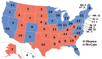 Electoral college map, depicting Obama winning many states in the Northeast, Midwest, and Pacific West, and Florida, and McCain winning many states in the South and Rocky Mountains.