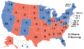 Electoral college map, depicting Obama winning many states in the Northeast, Midwest, and Pacific West, and Florida, and Romney winning many states in the South and Rocky Mountains.