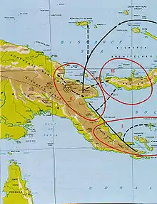 Topographic map of Papua New Guinea with arrows indicating an Allied advance along the northern coast towards the Admiralty Islands.