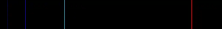 A line spectrum showing black background with narrow lines superimposed on it: one violet, one blue, one cyan, and one red.