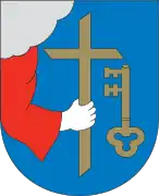 Hand holding Christian cross in the coat of arms of Pärnu