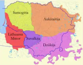 Historic Lithuania Minor (red) comprised the eastern part of the Prussian region that is now Kaliningrad Oblast.