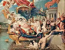 Bare-breasted woman on a boat, surrounded by naked and semi-naked people