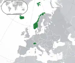 Location of the EFTA{{{1}}} (green)in Europe (green & dark grey)