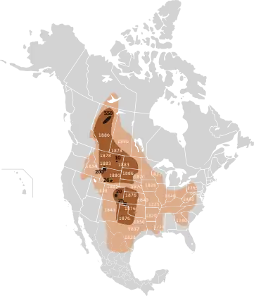 Map of the extermination of the bison to 1889. This map based on William Temple Hornaday's late-19th century research.  Original range  Range as of 1870  Range as of 1889