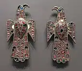 The Eagle-shaped fibulae of Alovera; 5th century; gold, bronze and glass (imitation of garnet); height: 11.8&nbsp;cm, width: 5.9&nbsp;cm; from Guadalajara (Spain); National Archaeological Museum (Madrid, Spain)